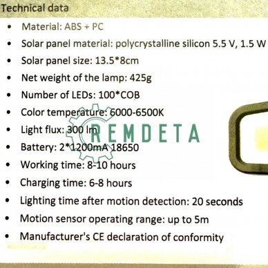 ŽIBINTAS ĮKRAUNAMAS SAULĖS BATERIJA LA0400 100*COB LED 2*1200mAh 3 ŽIBINTAS ĮKRAUNAMAS SAULĖS BATERIJA LA0400 100*COB LED 2*1200mAh 3